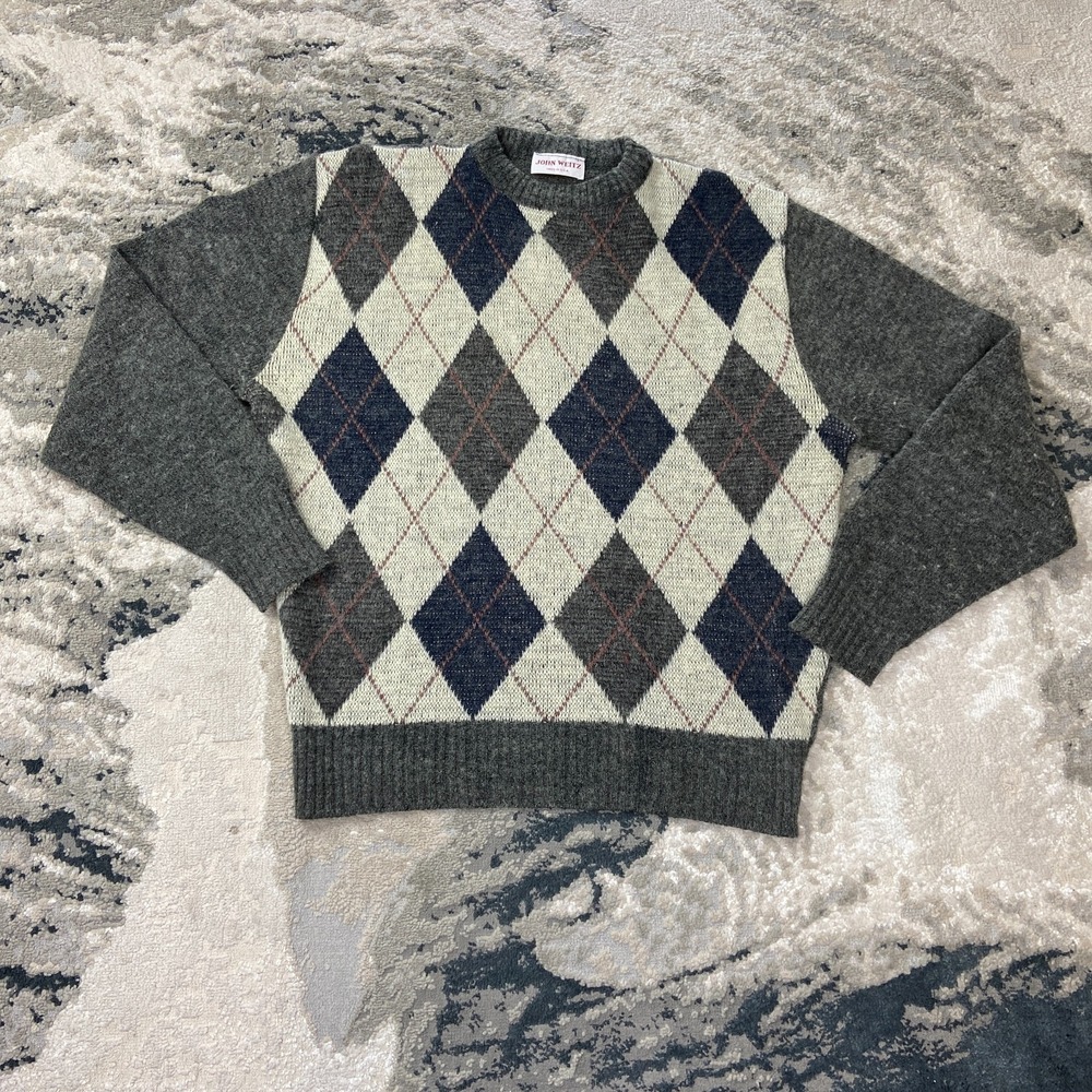 Vintage John Weitz Sweater Sz L Coogie Multicolor‎ Argyle Pattern Tight Kniy
